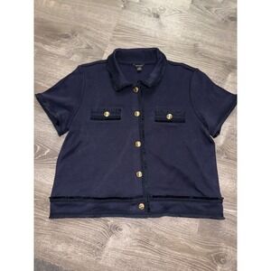 ANN TAYLOR Navy Short Sleeve Collared Button Front Top XLP‎ Frayed Trim Gold